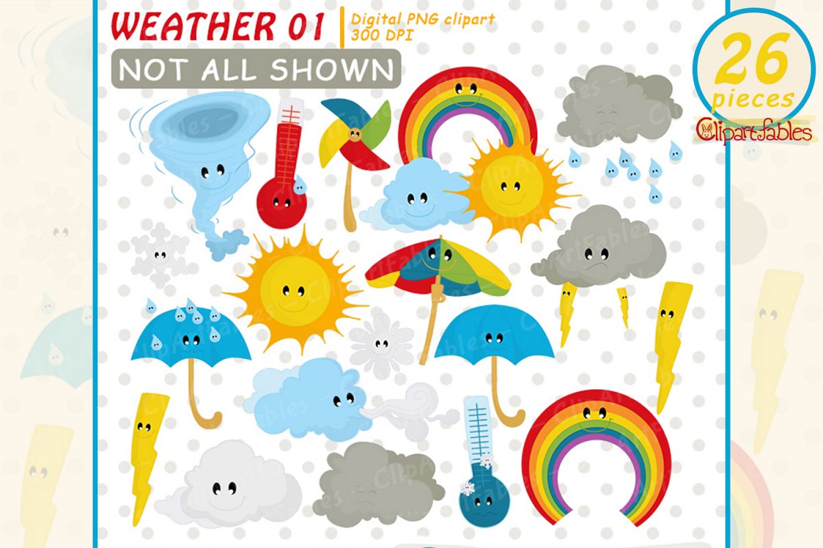 Weather Clipart, cute cloud clip art, Kawaii Clipart Set. 