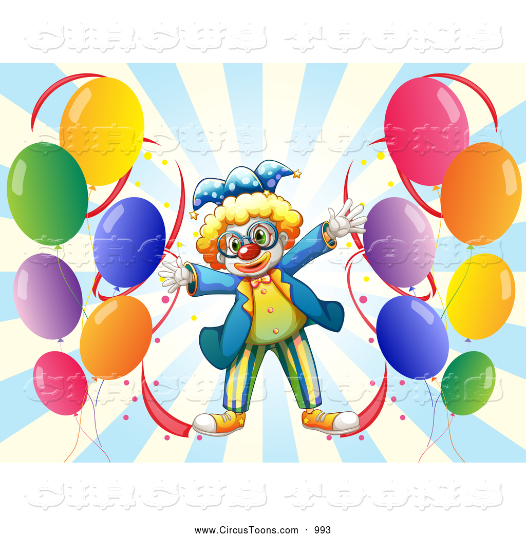 Circus Clipart of a Friendly Clown with Party Balloons and