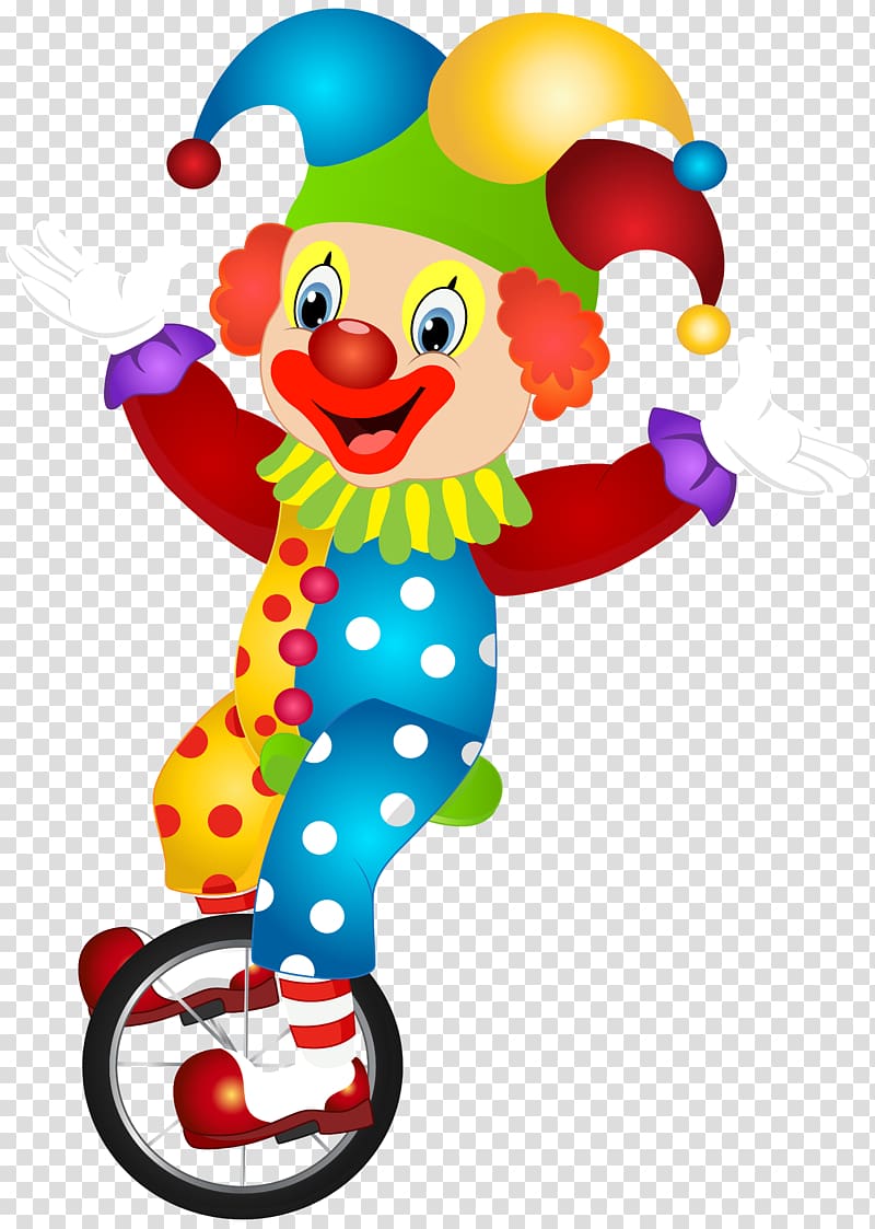 Clown riding unicycle.