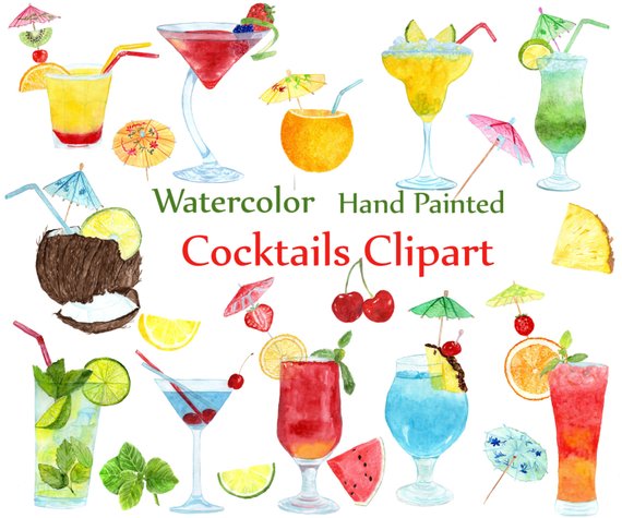 Watercolor cocktails clipart.