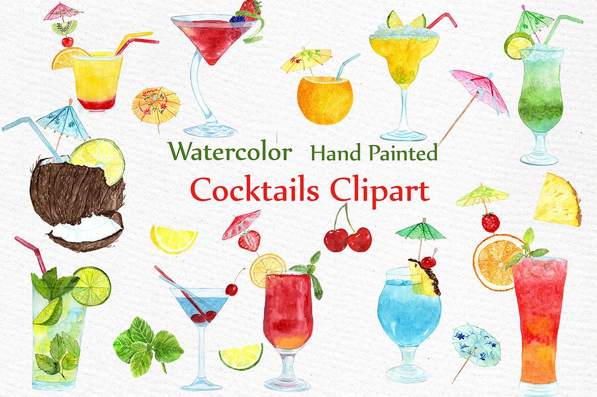 Watercolor cocktails clipart.