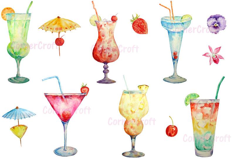 Hand painted watercolour cocktails digital clip art printable instant  download scrapbook watercolor cocktail glass