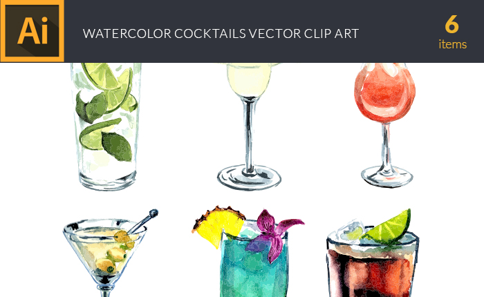 Watercolor Cocktails Vector Clipart