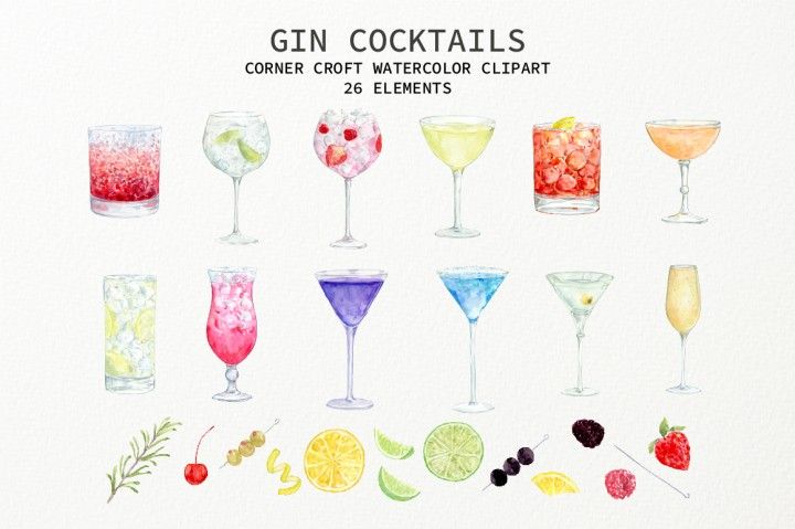 Watercolour Gin Cocktail Clipart By Cornercroft