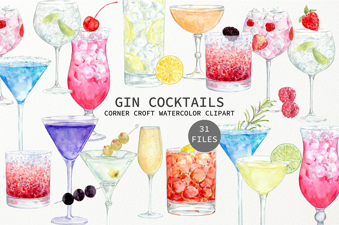 Watercolor gin cocktail clipart for digital download. 
