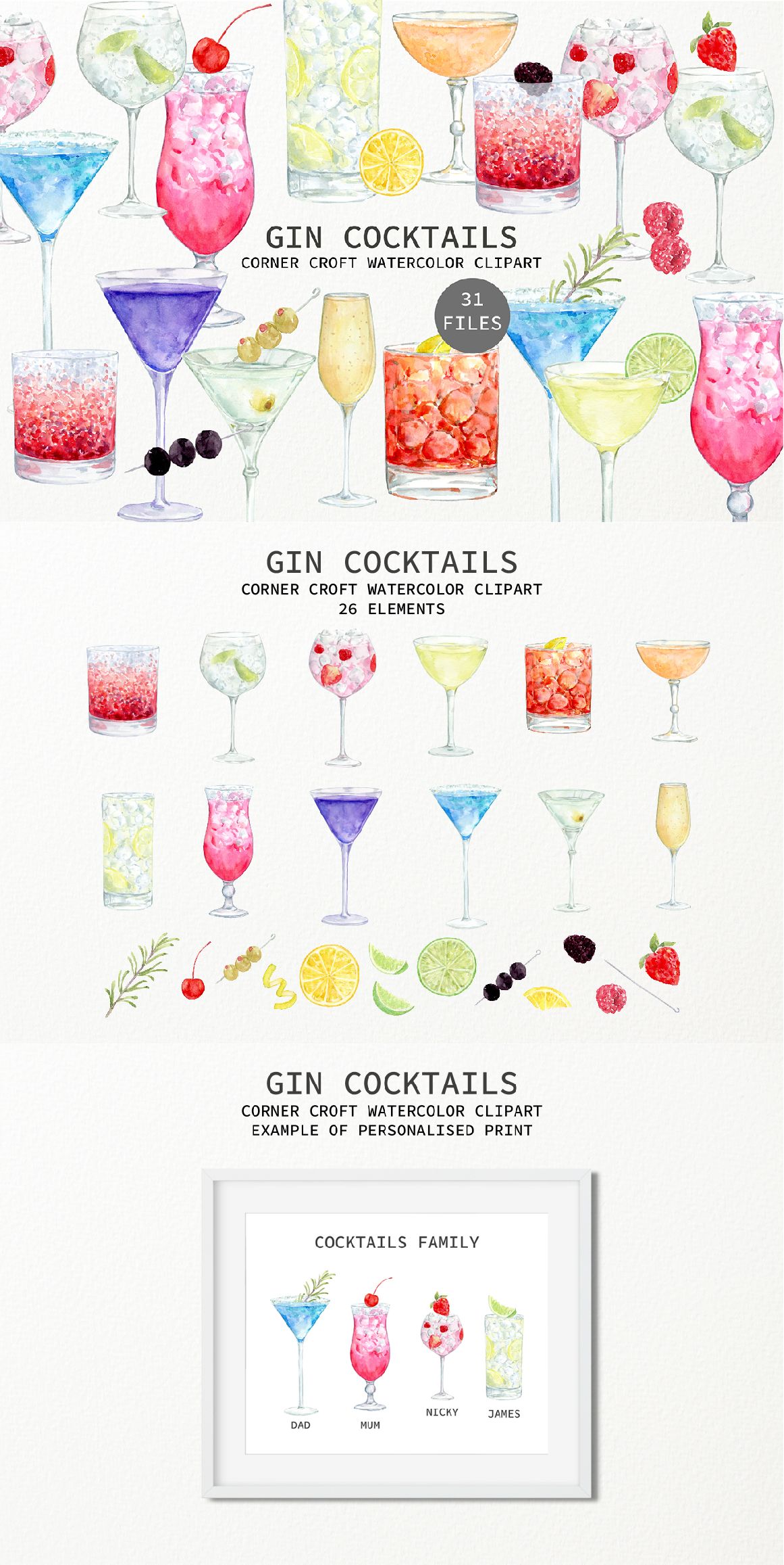 Watercolor Gin Cocktail Illustration for Digital Download