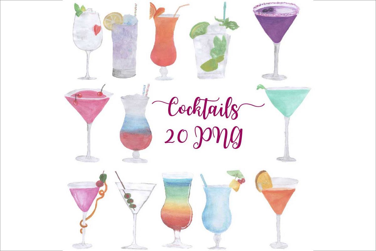 Hand Drawn Watercolor Cocktails Clipart
