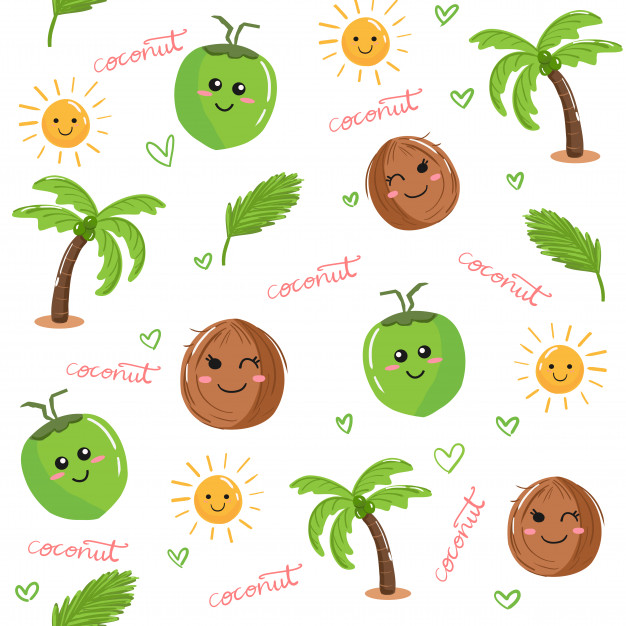 Cute kawaii coconut fruit and palm tree doodle seamless