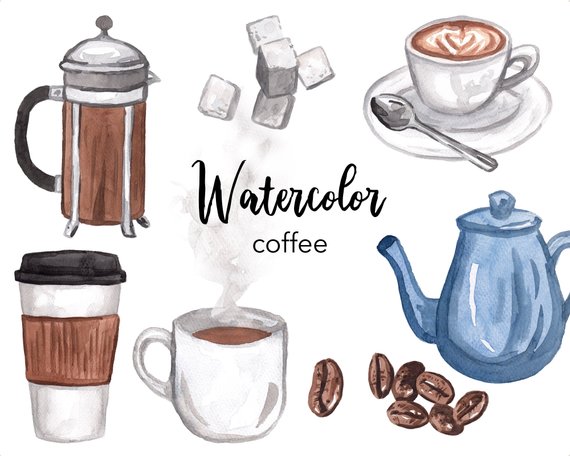 WATERCOLOR CLIPART, coffee clipart, coffee cup pot, sugar