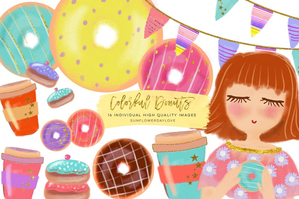 Colorful Donut Clip art Set, Donut and Coffee Clipart