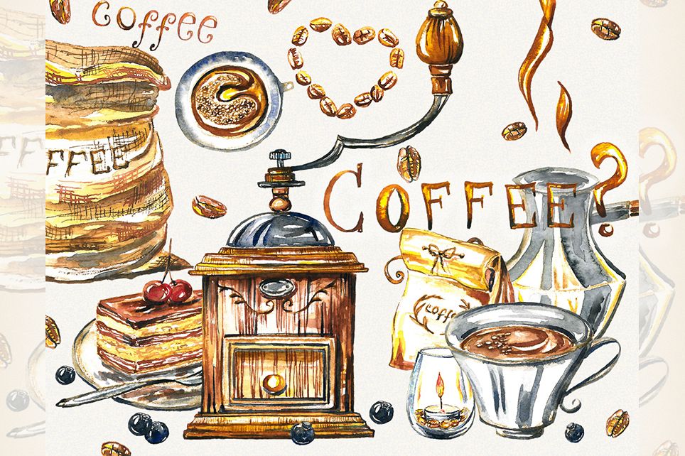 Coffee clipart, coffee cup, food clipart, watercolor coffee