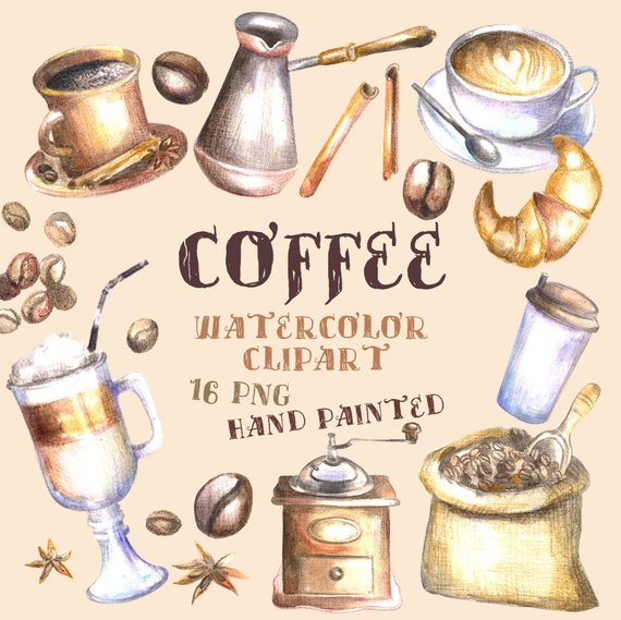 Watercolor coffee clipart, Coffee Mug, coffee beans