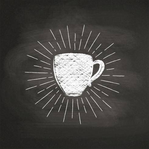 Chalk textured coffee cup silhouette with vintage sun rays