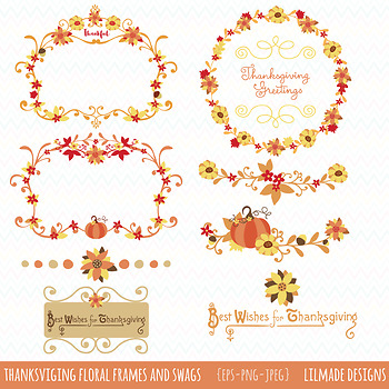 Thanksgiving floral frames, wreaths and swags clipart for commercial use