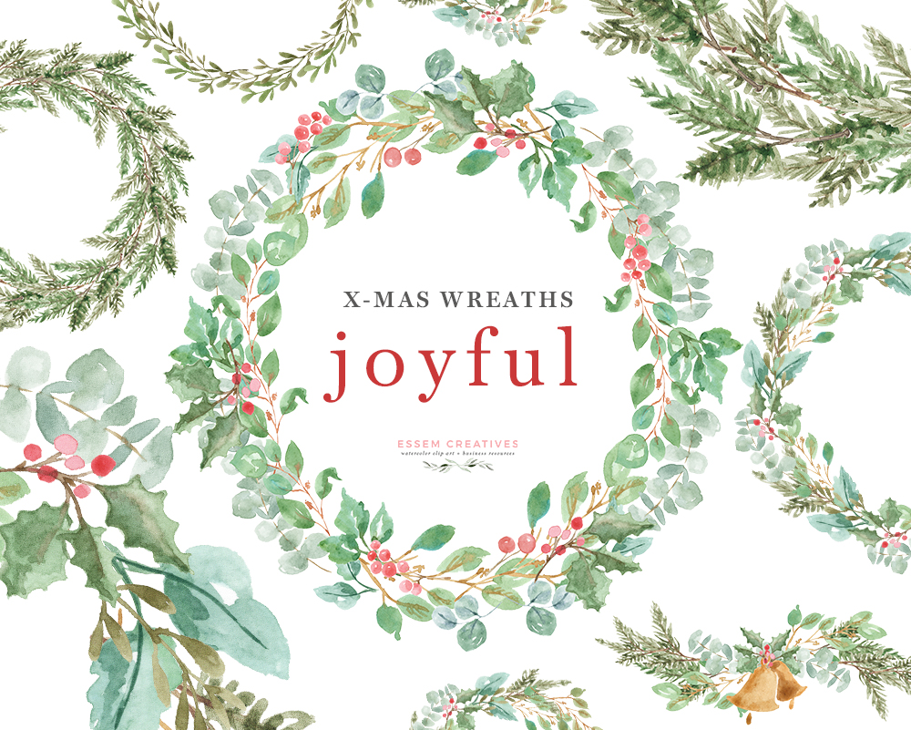 Watercolor Christmas Wreath Clipart, Greenery Holiday Card Borders PNG  Graphics