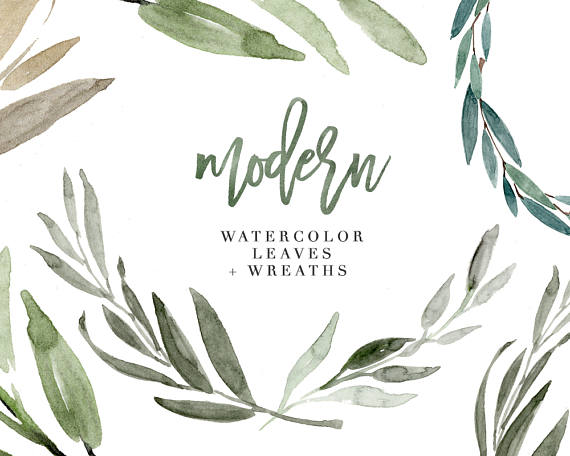 Watercolor Leaves Clipart, Modern Leaf Wreath, Green Branch