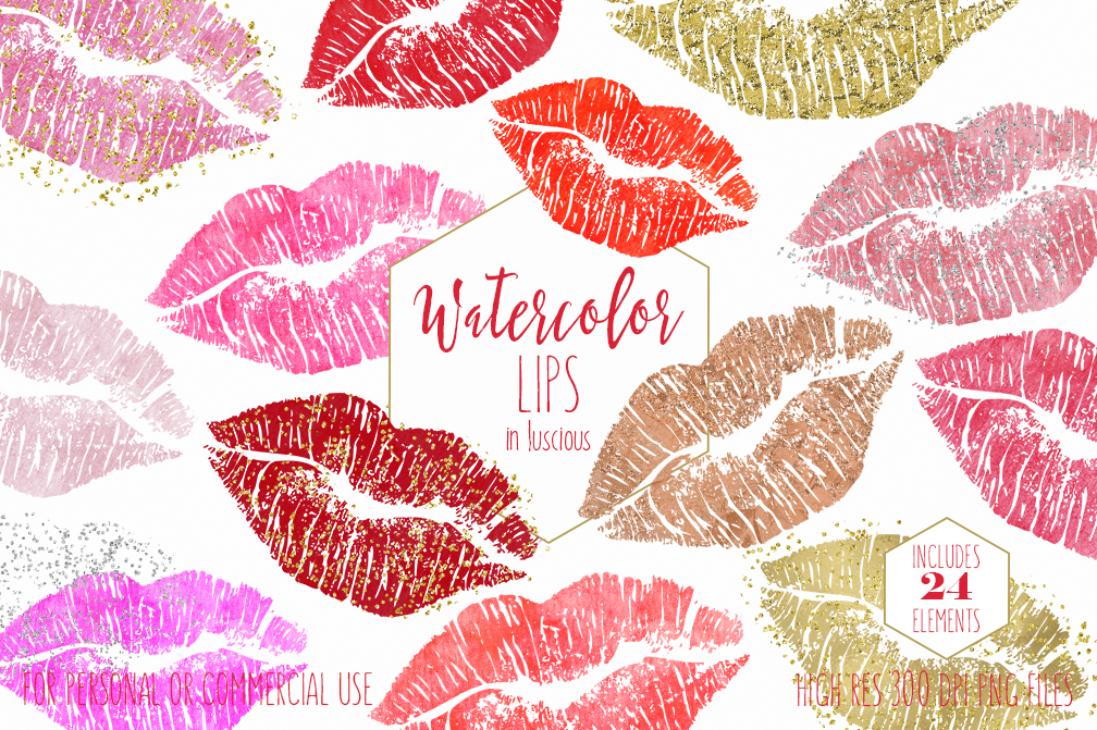 WATERCOLOR LIPS CLIPART Commercial Use Valentines Day Kissing Lip Pink Red  Rose Gold Confetti Lipstick Kiss Girly Makeup Smear Graphics