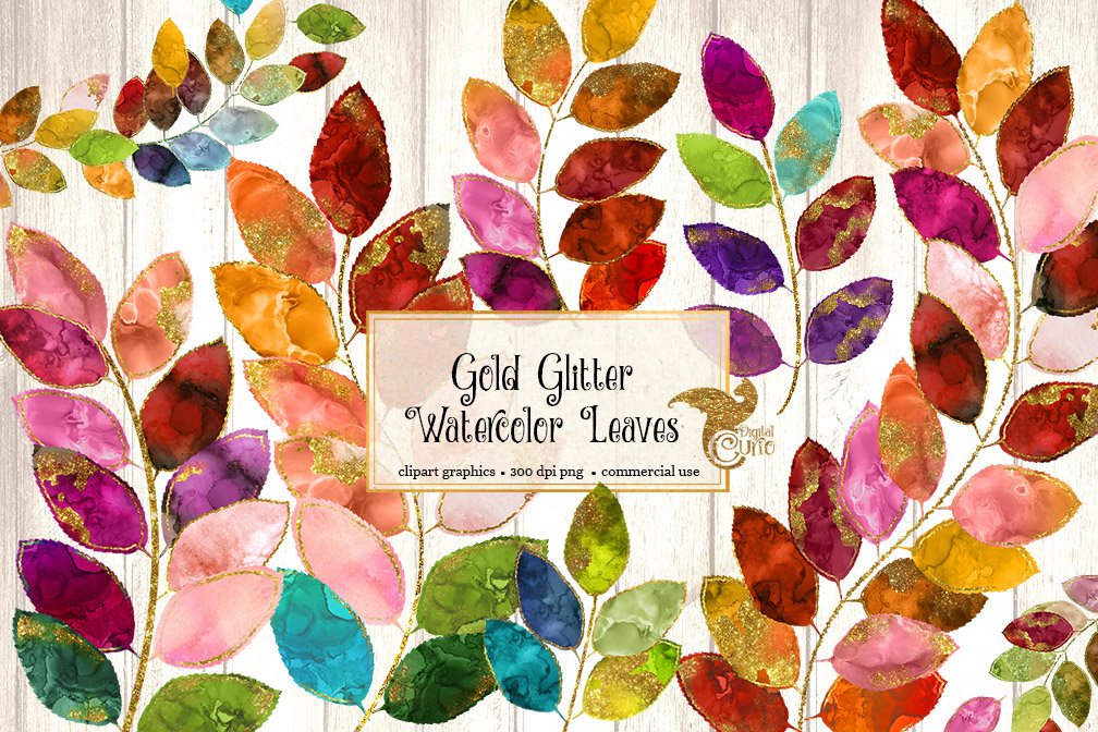 Gold Glitter Watercolor Leaves Clipart