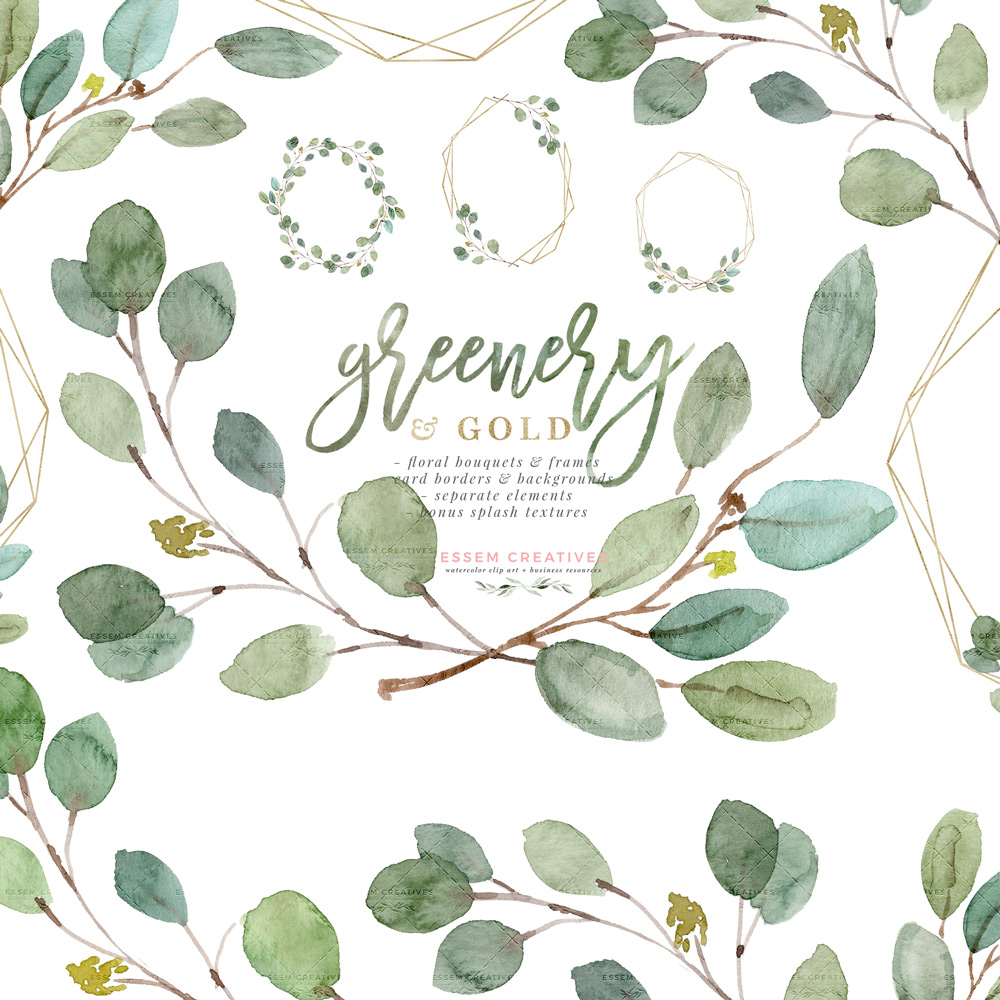 Greenery and Gold Wedding Invitation Graphics, Eucalyptus Branch Leaves  Clipart for Invitations Logo Stationery Welcome Signs