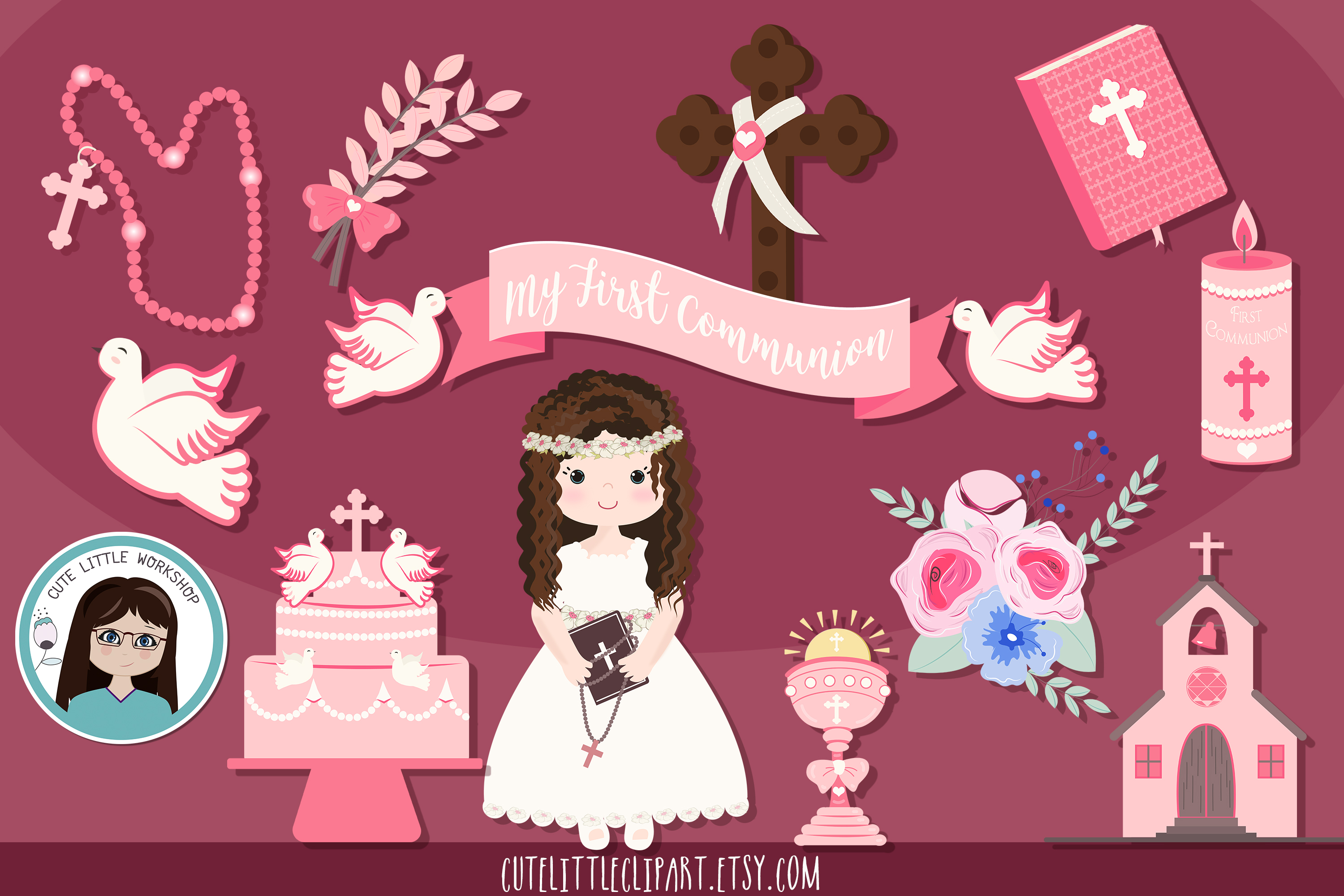 First Holy Communion Girl clipart bundle, Pink graphic set