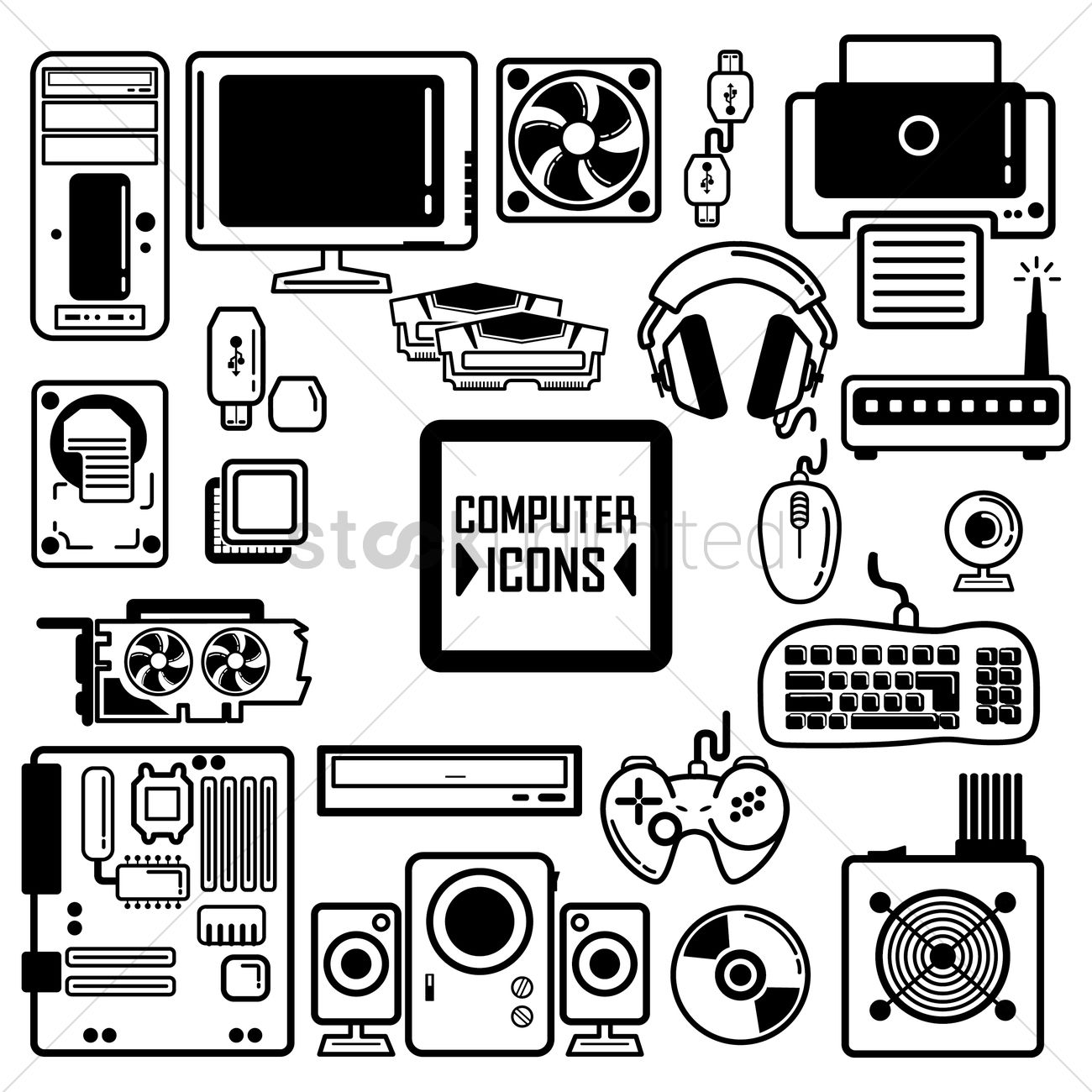 Collection of computer components and peripherals Vector
