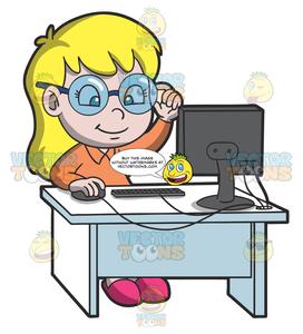 A Young Smart Girl Using The Desktop Computer For Research