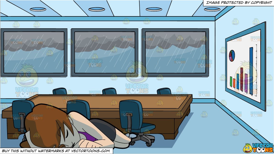A Woman Falling Asleep On The Floor and A Meeting Room Overlooking A Stormy  Day