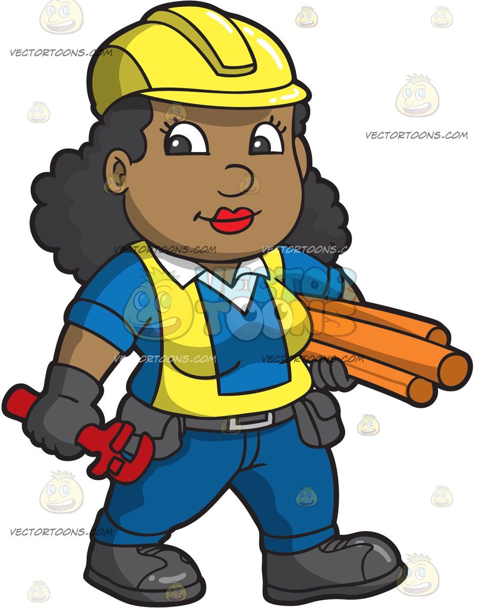 A Female Construction Worker Carrying Pipes And A Wrench