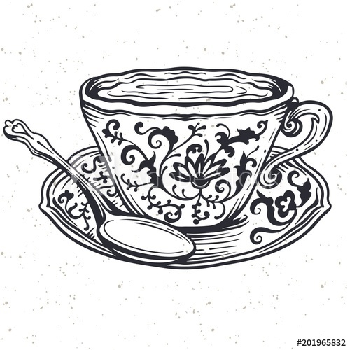 Tea cup with spoon and floral ornament,vector illustration