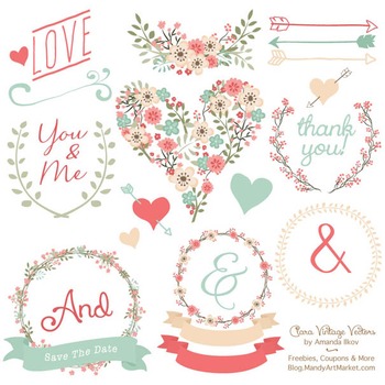 Clara Vintage Floral Wedding Heart Clipart in Mint