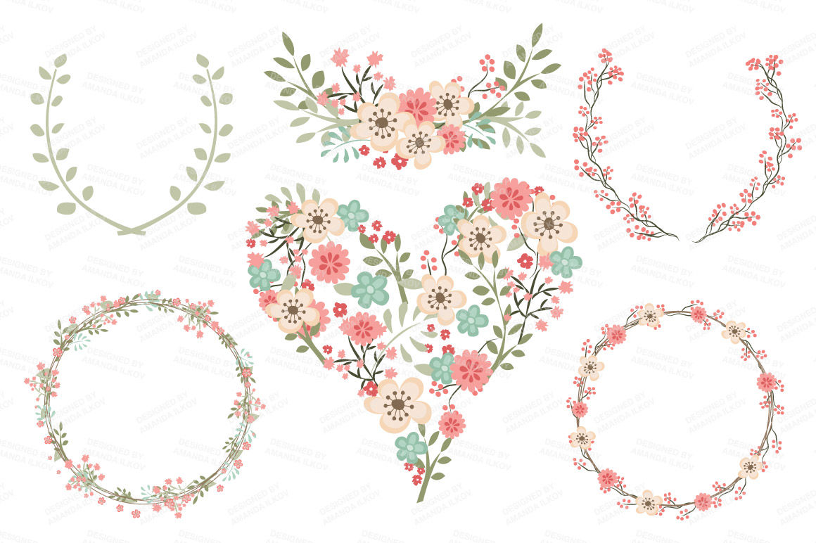 Clara Vintage Floral Wedding Heart Clipart in Mint