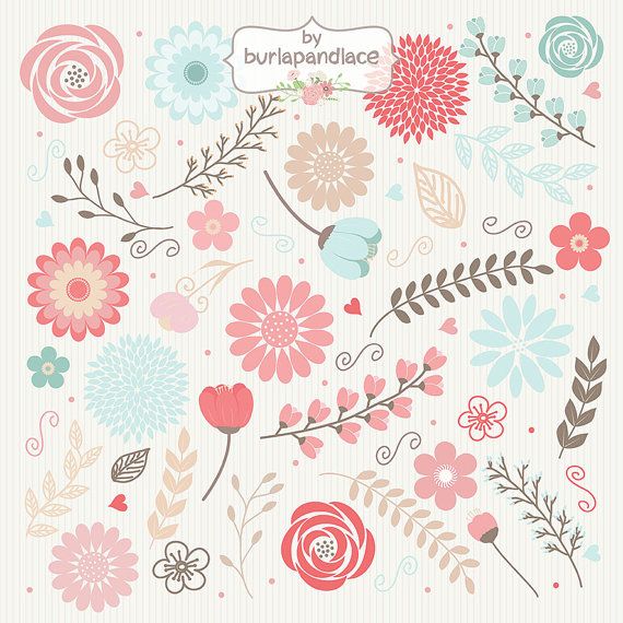 Rustic wedding clipart, teal, coral red, shabby chic clipart