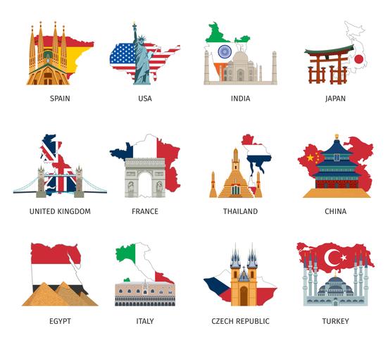 Countries Flags Landmarks Flat Icons Set