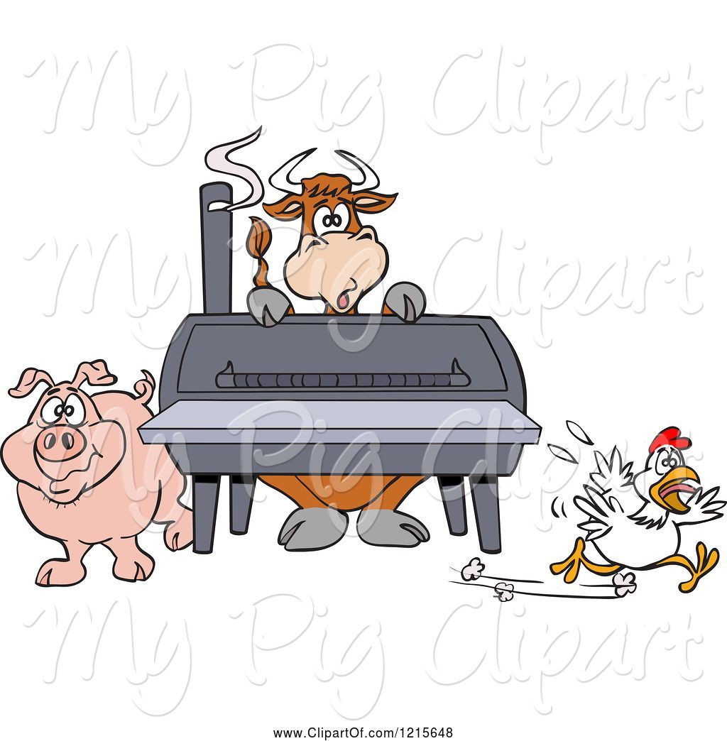 Swine Clipart of Cartoon Cow Pig and Chicken by a Bbq Smoker