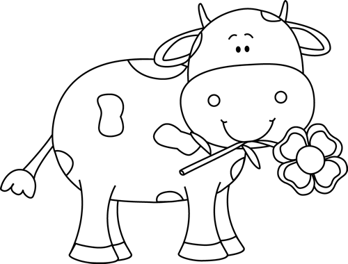 Black and White Cow with a Flower in its Mouth Clip Art