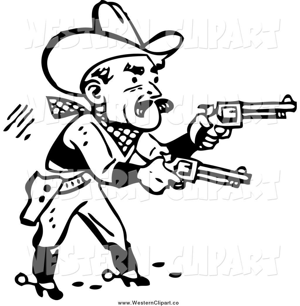 Vector Clip Art of a Black and White Retro Cowboy Shooting