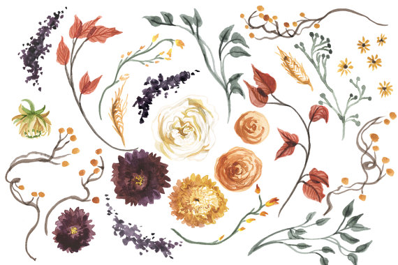 Create Your Own Fall Floral Wreath, Watercolor Fall Clipart