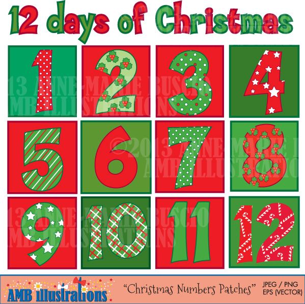 Christmas Numbers Clipart, Twelve Days of Christmas