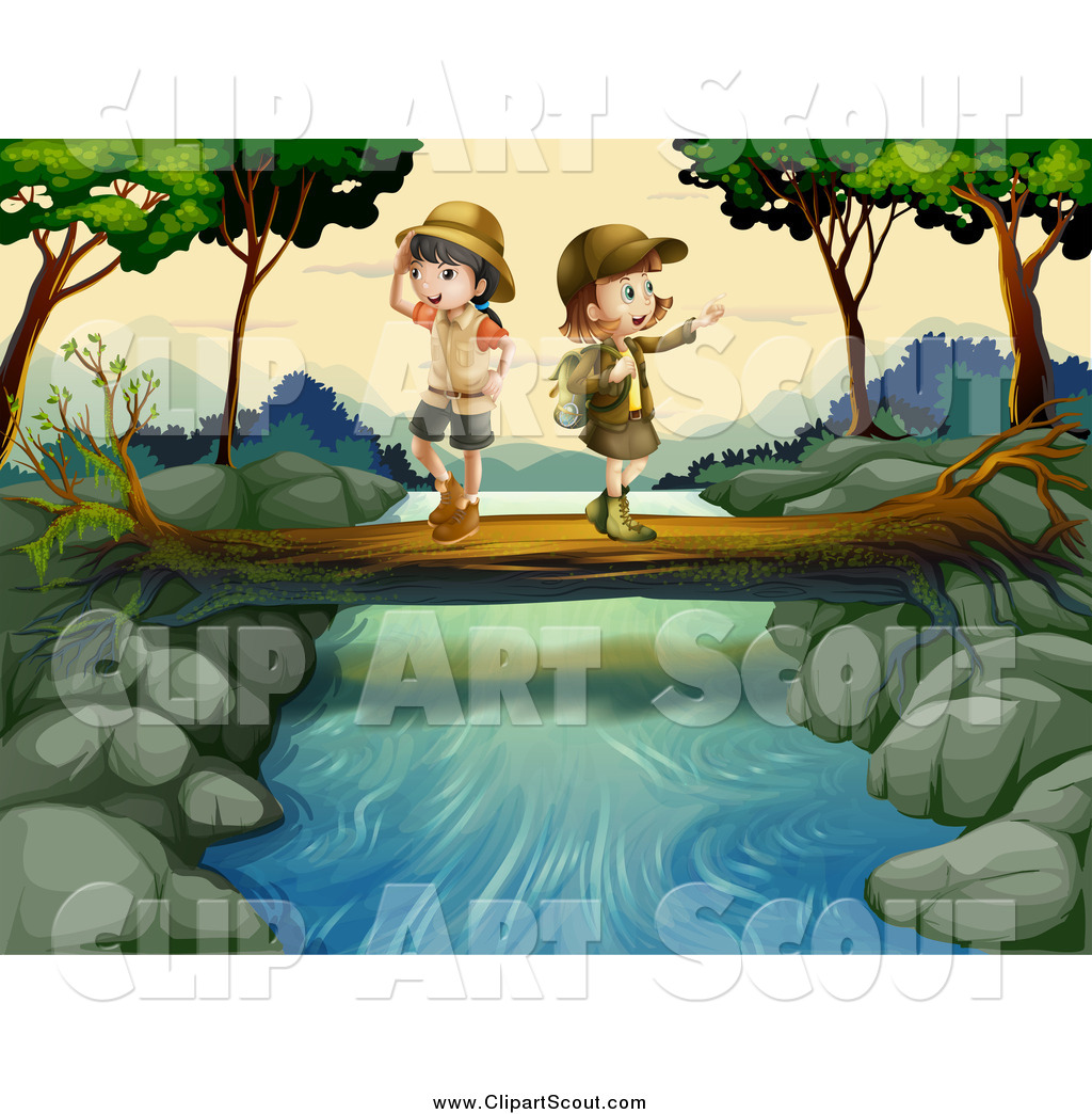 Clipart of Explorer Kids Crossing a Creek on a Log by