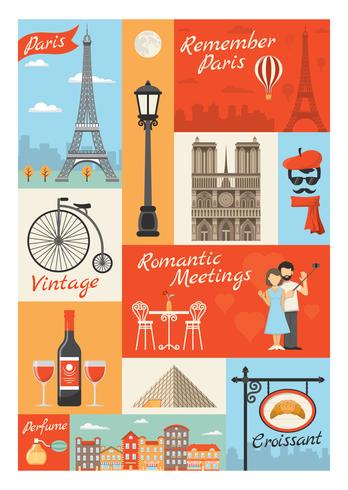 France Paris Vintage Style Icons Set