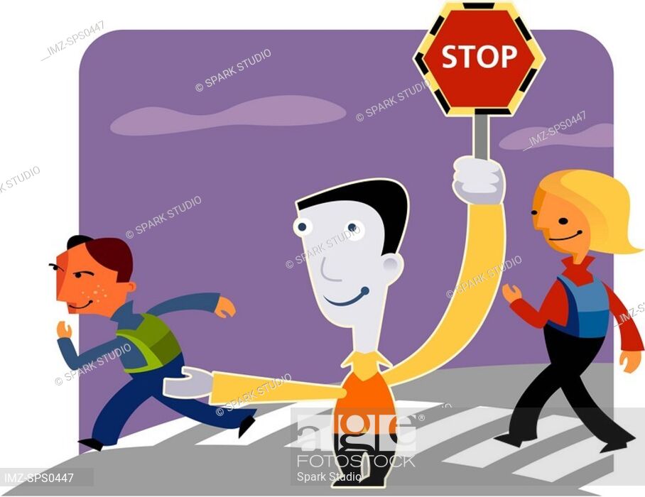 A man holds up a Stop sign at a crosswalk to let children