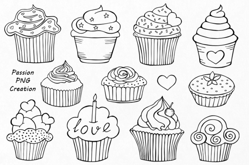 Outline Cupcake Clipart, Doodle Cupcakes Clip art, Hand