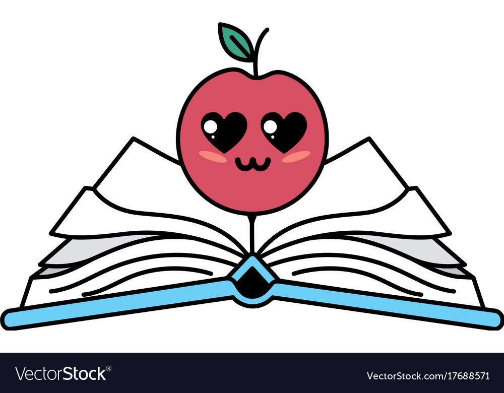 Kawaii cute tender apple over open book