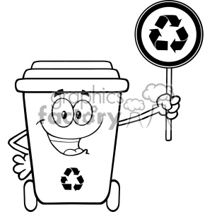 Black And White Cute Recycle Bin Cartoon Mascot Character Holding A Recycle  Sign Vector clipart