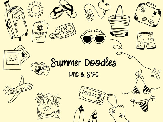 SUMMER DOODLE CLIPART, clip art, travel, cute, doodles