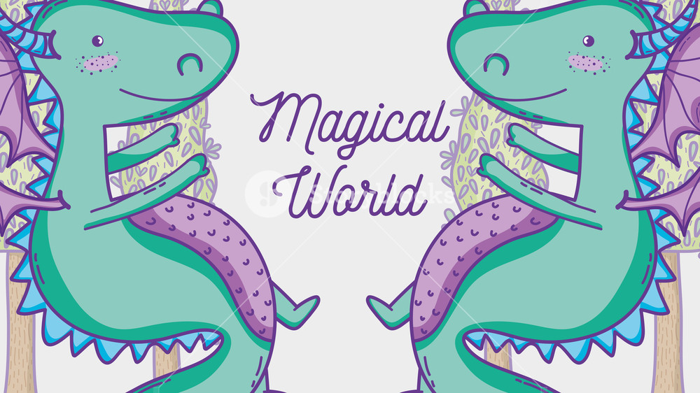 Dragons in magical world vector illustration graphic pastel