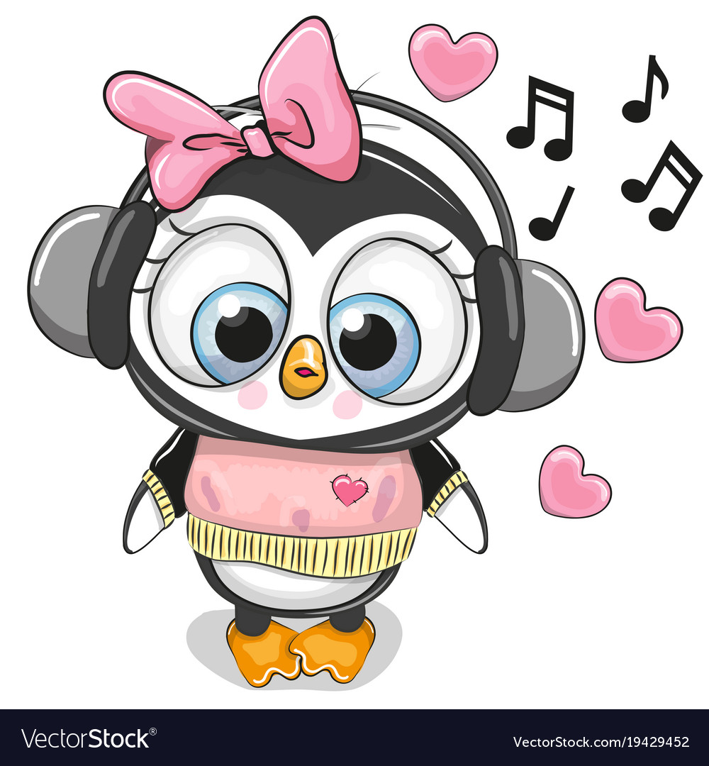 Cute cartoon penguin girl with headphones