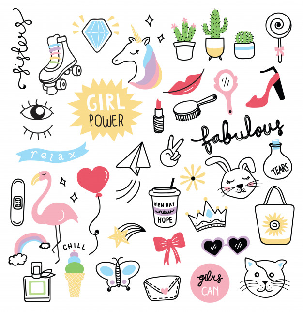 Set of cute girl stuff in doodle style Vector