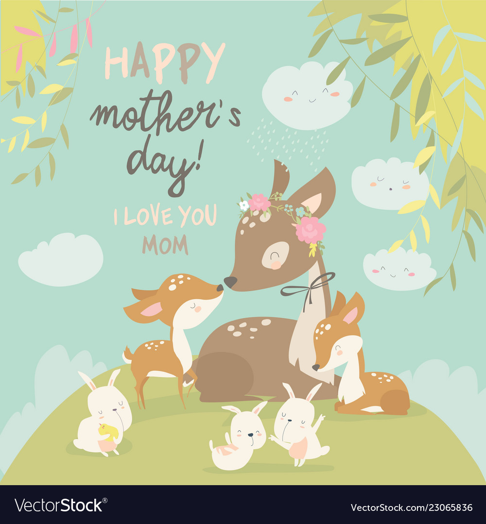 Cartoon deer family mother and baby cute animals