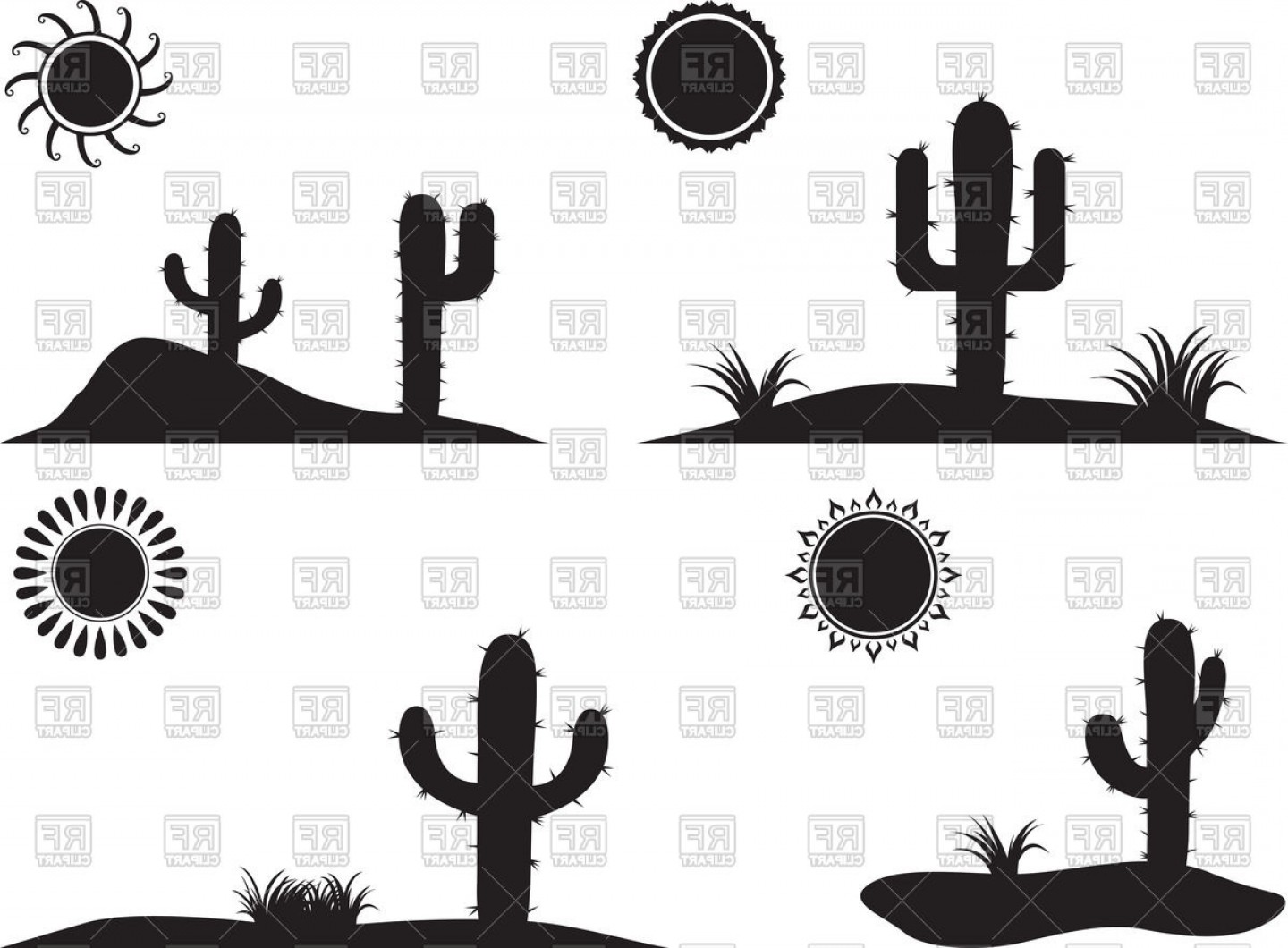 Silhouette Of Desert Landscapes With Cactus And Dune Vector